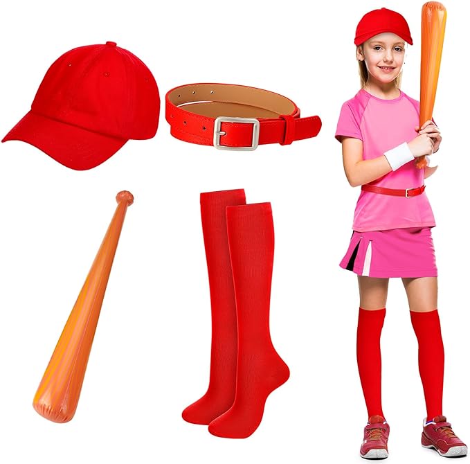 Photo 1 of Jenaai 4 Pcs Halloween Baseball Player Costume Accessories for Kids Adjustable Baseball Hat Long Red Socks and Belt and Inflatable Baseball Bat for Halloween Cosplay Birthday Carnival Gifts
