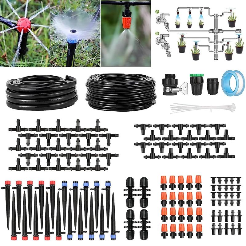 Photo 1 of 226FT Drip Irrigation System New Kit,Greenhouse Automatic Irrigation System Patio Misting Plants Watering System with 1/4 inch 1/2 inch Blank Distribution Tubing Hose Adjustable Nozzle Emitters Sprink
