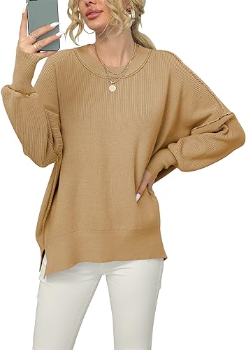 Photo 1 of ANRABESS Women Crewneck Batwing Sleeve 2023 Fall Oversized Side Slit Ribbed Knit Pullover Sweater Top ( MED) 
