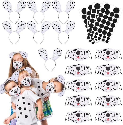 Photo 1 of 60 Pcs Dalmatian Costume Accessories Includes 20 Pcs Kid Dalmatian Face Mask 20 Pcs Dog Ear Headbands 20 Pcs Black Adhesive Stickers Girl Dog Costume for Halloween Cosplay Costume Party Decor DIY
