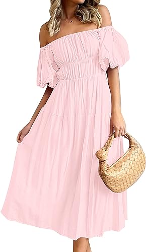 Photo 1 of MEROKEETY Women's Puff Sleeve Off Shoulder Summer Midi Dress Ruffle A Line Flowy Dress with Pockets ( LARGE) 
