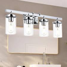 Photo 1 of BONLICHT Bathroom Vanity Light Fixtures Brushed Nickel 4-Light with Clear Water Glass Shade Contemporary Wall Sconces Farmhouse Bathroom Lighting Wall Mount Lamp for Living Room Bedroom Bar Office 