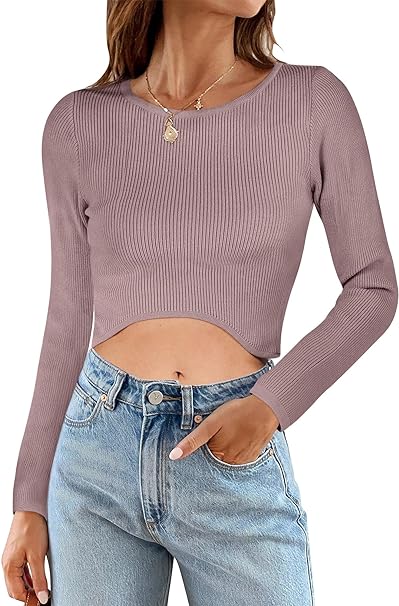 Photo 1 of ANRABESS Women Long Sleeve Crewneck Cropped Sweater Top Ribbed Knit Slim Fit Casual Fall Crop Pullover Tops
