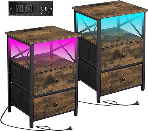 Photo 1 of Clikuutory LED Nightstand Set of 2 with Fast Charging Station, Modern 2 Drawer End Table with USB Ports and Power Outlets for Bedroom, Living Room, Rustic Brown
