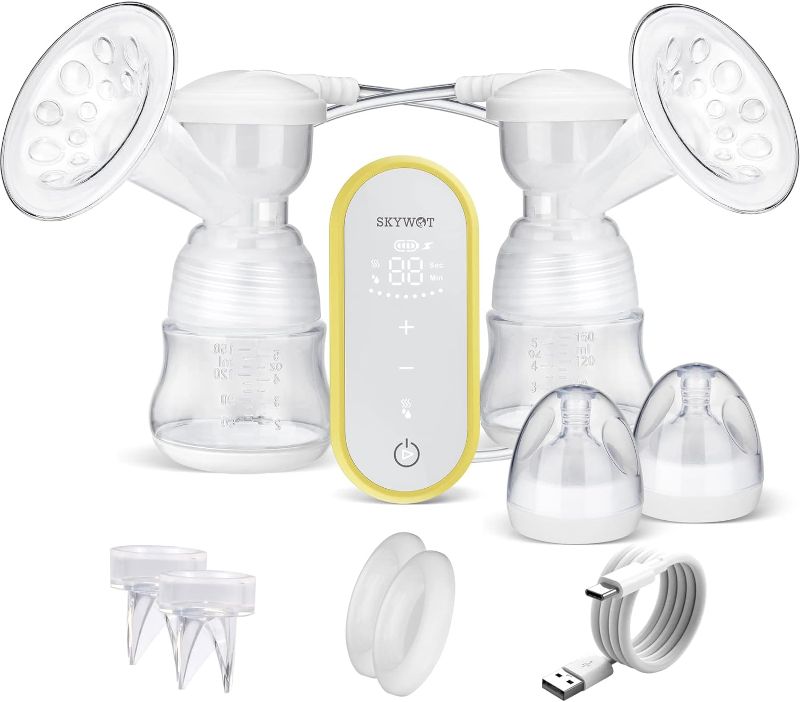 Photo 1 of Electric Breast Pump, SKYWOT Portable Double Hand Breast Feeding Pumps Pain Free Strong Suction Power, Quiet High Definition Touch Panel Breastpump with Rechargeable Battery, 2 Modes & 9 Levels
