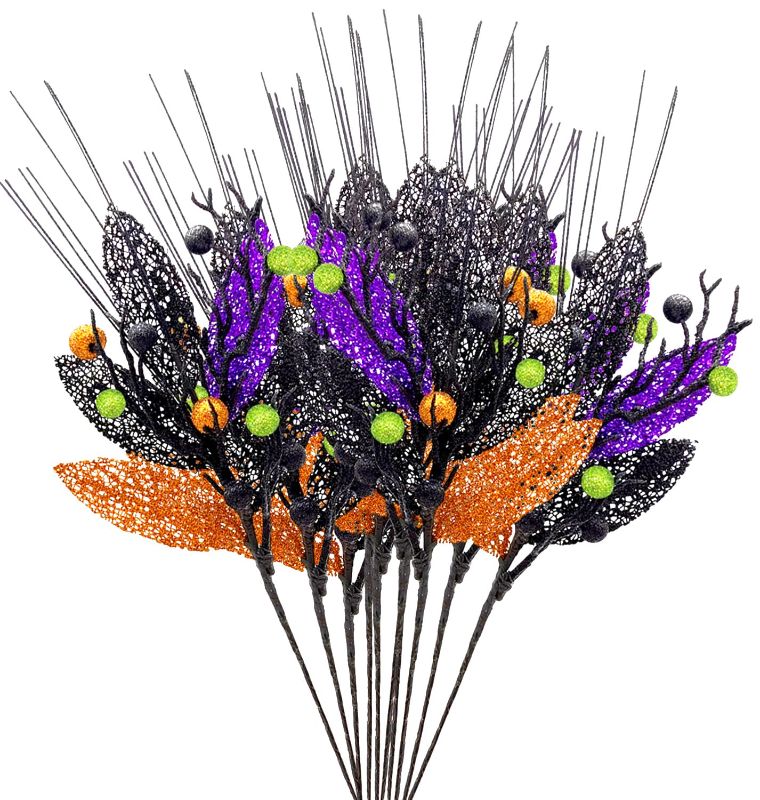 Photo 1 of 10 Pack Halloween Branches Picks Stems Glitter Fake Twig Bush with Berries Halloween Flowers Decor Halloween Wreath Decor Artificial Berry Stems for Vases Haunted House Gothic Floral Decor