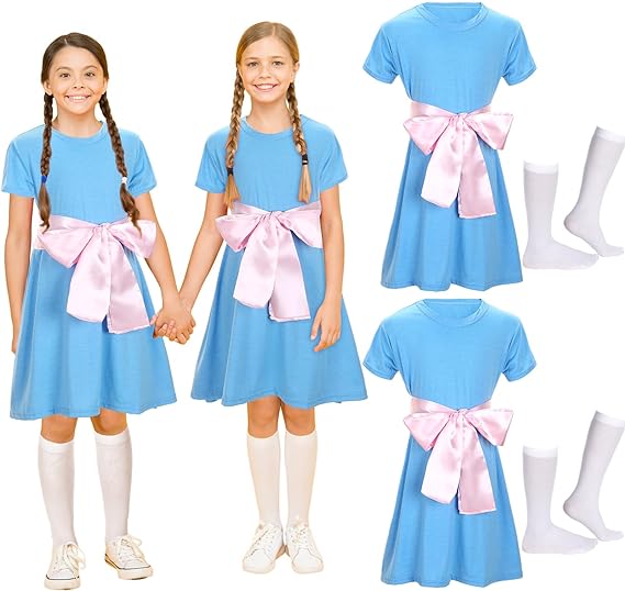 Photo 1 of Mepase 6 Pcs Twin Girls Halloween Costume Girls Blue Dress Knee High Socks with Pink Ribbon Outfit Halloween Cosplay for Girl
SIZE SMALL 
