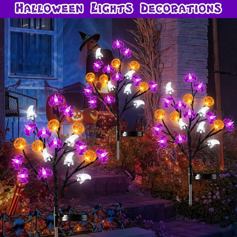 Photo 1 of 2 Pack Solar Lights Halloween Decorations Outdoor, Halloween Lights Solar Outdoor Lights with 20 3D Ghost Bats Pumpkin LED Lights, 2 Modes Waterproof Solar Stake Lights for Halloween Party Lawn Decor
