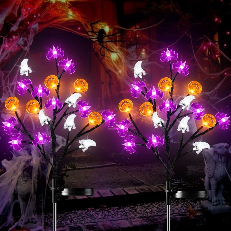 Photo 1 of 2 Pack Solar Lights Halloween Decorations Outdoor, Halloween Lights Solar Outdoor Lights with 20 3D Ghost Bats Pumpkin LED Lights, 2 Modes Waterproof Solar Stake Lights for Halloween Party Lawn Decor
