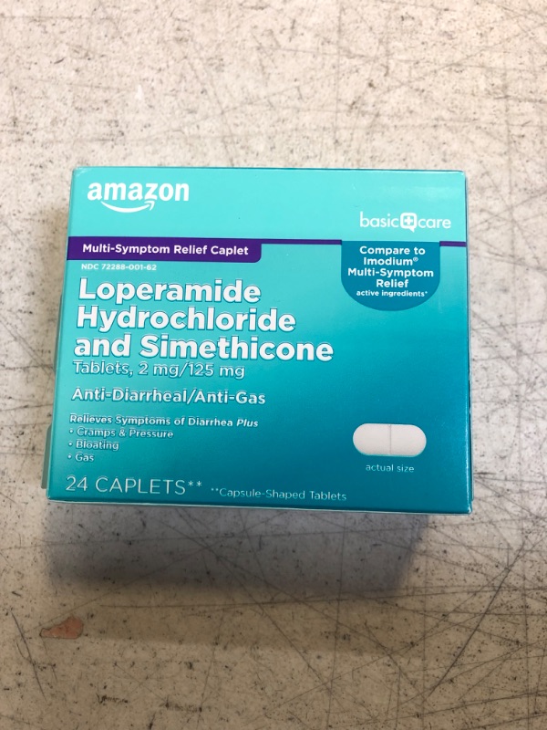 Photo 2 of Amazon Basic Care Loperamide Hydrochloride 2 mg and Simethicone 125 mg Tablets, Multi-Symptom, Anti-Diarrhea Medicine, Gas Relief, 24 Count 24 Count (Pack of 1) (BB JUL2025)