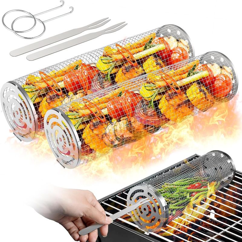 Photo 1 of BBQ Net Tube, Rolling BBQ Grilling Basket, Round Stainless Steel Barbecue Cooking Grill Grate, Portable Outdoor Camping Barbecue Rack for Vegetables, French Fries, Fish (2Pcs Large 11.8 inch)
