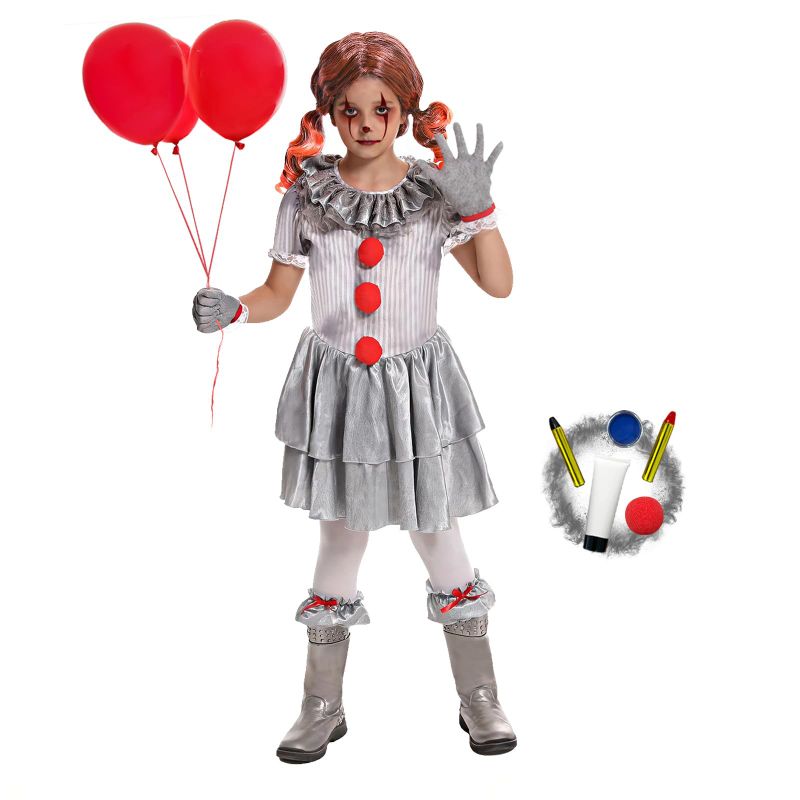 Photo 1 of Clown Costume for Girls Halloween Scary Dress up Party, Makeup Kit Nose Included (Silver) Large (10-12yr) Silver