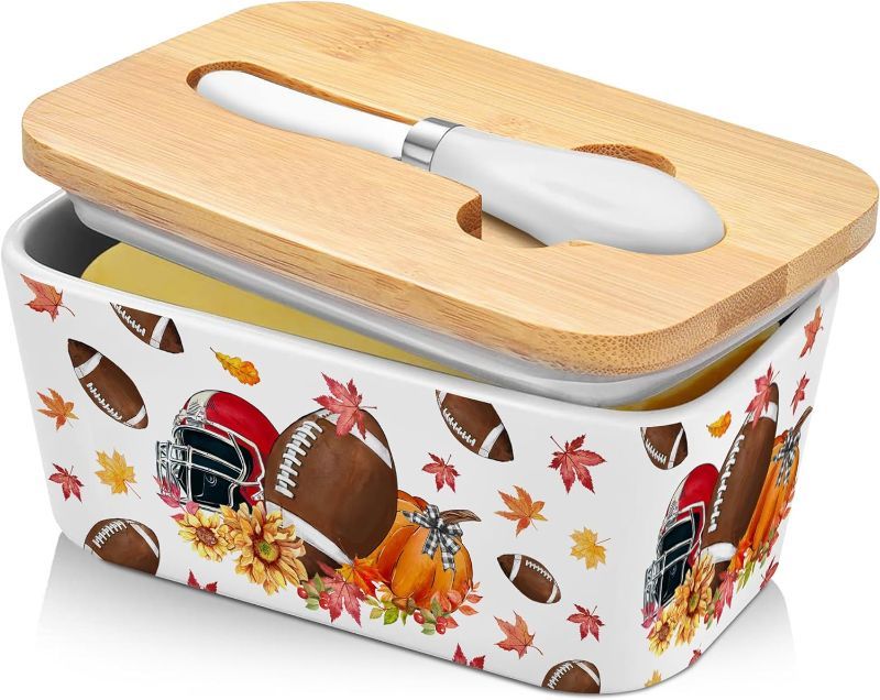 Photo 1 of Fall Butter Dish with Lid, Fall Football Kitchen Decor, Large Ceramic Butter Dish with Lid for Countertop, Fall Decorations For Home, Butter Keeper with Thick Wood Lid with Knife, Fall Gifts for Women
