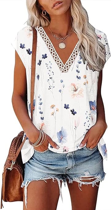 Photo 1 of ETCYY Womens Summer Tops 2023 Trendy Tank Tops Loose Fit Lace Floral Print Cap Sleeve T Shirts Blouses - BLACK 
++++USE STOCK PHOTO AS REFERENCE+++