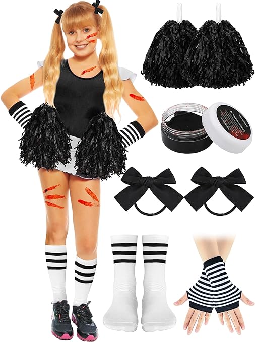 Photo 1 of Xtinmee 7 Pcs Halloween Zombie Cheerleader Costume for Girls Includes 2 Cheerleader Poms 2 Hair Ropes 1 Pair Striped Socks 1 Pair Fingerless Gloves 1 Fake Blood Gel for School Cheerleader Costume
