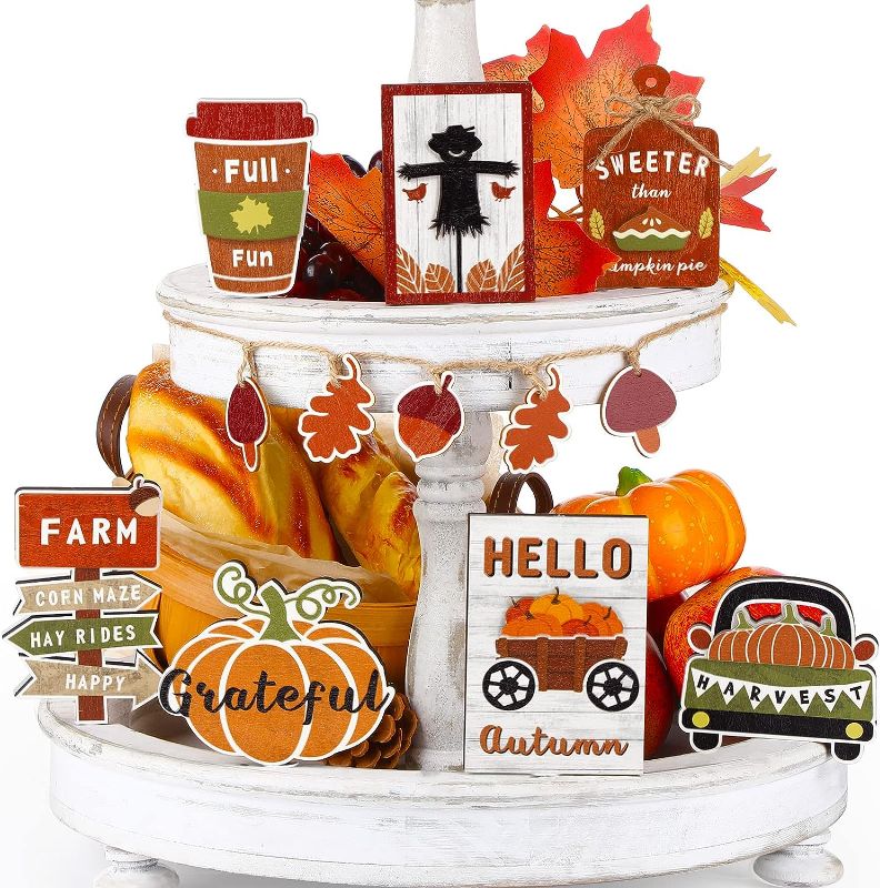 Photo 1 of 12 Pieces Fall Tiered Tray Decor Rustic Farmhouse Tray Decor Hello Autumn Small Pumpkin Wooden Table Decors Farm Mini Wood Signs for Thanksgiving Decorations, Home Kitchen Wall Door Tabletop
