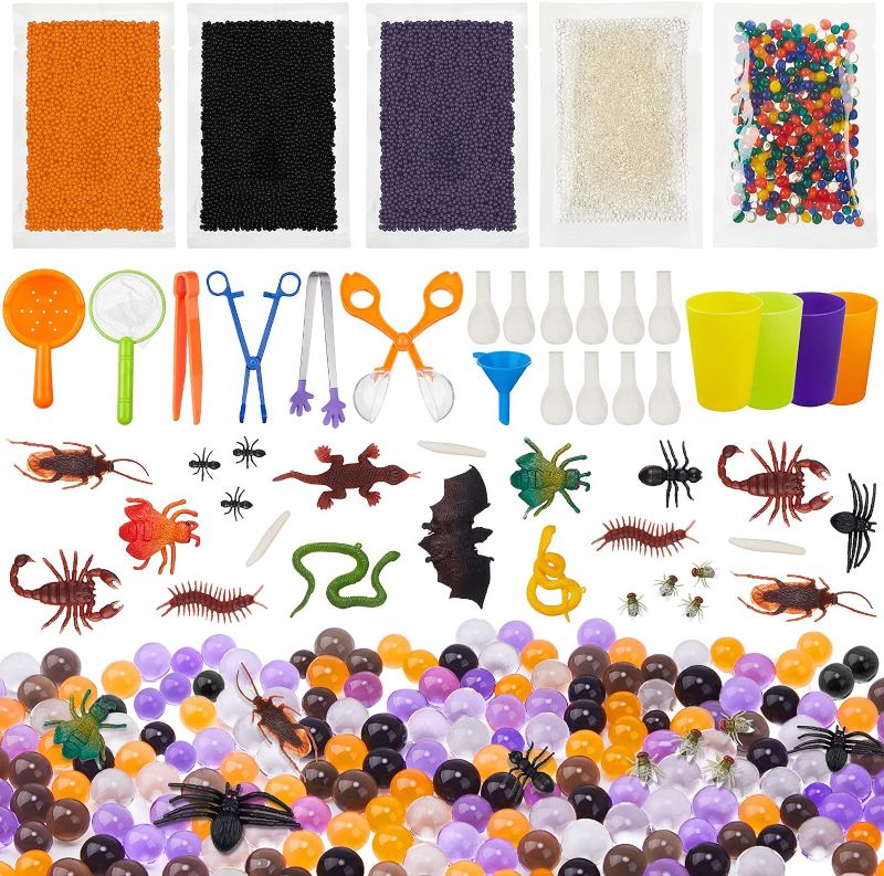 Photo 1 of 14791 Pieces Halloween Colorful Water Gel Beads Toys Set Including 14720 Water Gel Beads, 50 Fake Spider Toys, 4 Colorful Cups, 4 Toy Tweezers, 1 Funnel, 2 Colander, for Party Favors Decoration
