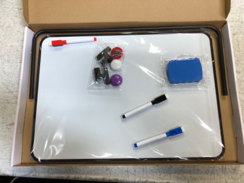 Photo 1 of ZDZBLX White Board Dry Erase Board Magnetic Board, Mini Small Desk Whiteboard 11.81" x 8.27",10 Markers, 4 Magnets and 1 Eraser, Portable Double Sided White Board with Stand, for Home, School, Office
