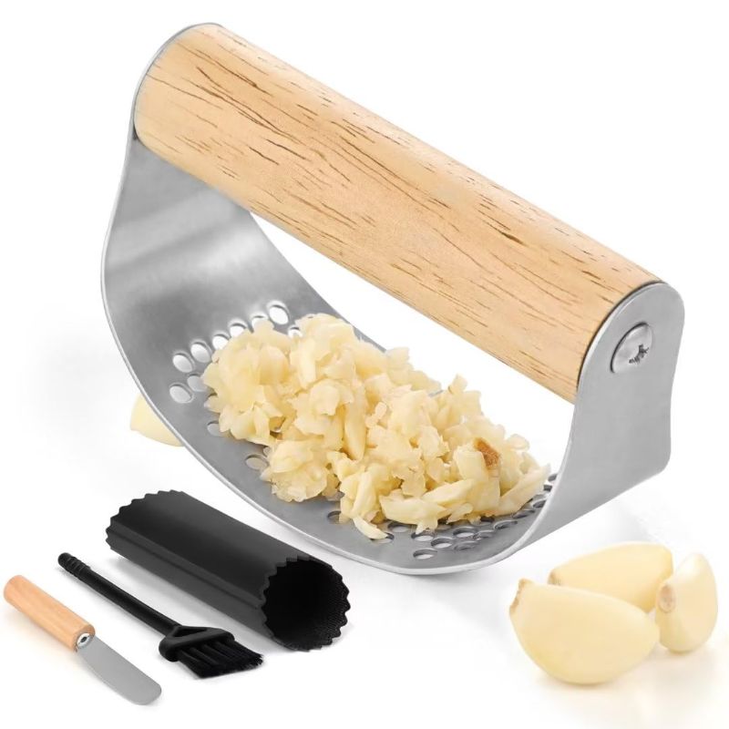 Photo 1 of (PACK OF 2) AUBENR Garlic Press with Silicone Peeler, Brush & Scraper - Premium Garlic Mincer Tool with Wooden Handle - Easy to Use & Clean - Durable Garlic Crusher - Crush Garlic Like a Breeze(Bright Wood)
