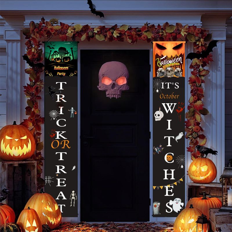 Photo 1 of 1 Pair Banner Halloween Frontdoor Signs Halloween Decor Outdoor Flag Curtains for Doors Curtain for Door Halloween Welcome Sign Halloween Banner Festival Decoration for Front Door Menlian