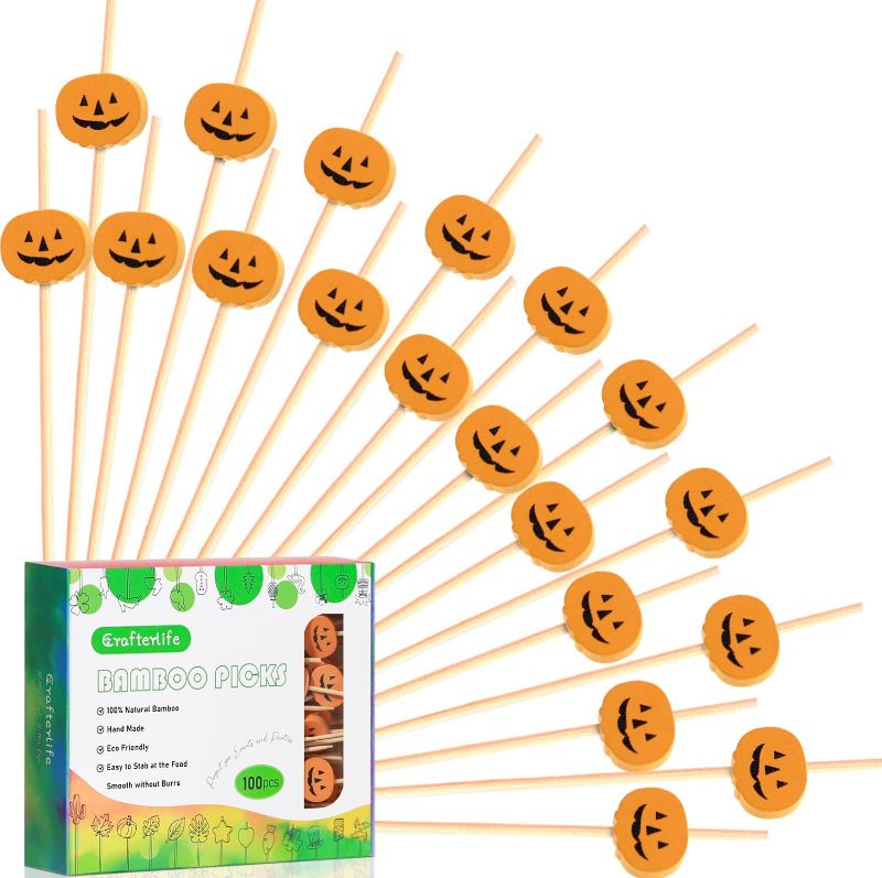 Photo 1 of (PACK OF 2) 100pcs Halloween Pumpkin Cocktail Picks Long Fruit Sticks Food Dessert Toothpicks Sandwich Appetizer Charcuterie Skewers, Made of Bamboo Wood, for Halloween Decorations Themed Party Supplies

