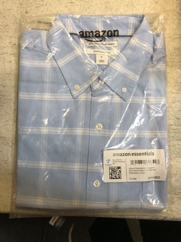 Photo 2 of Amazon Essentials Men's Regular-Fit Short-Sleeve Pocket Oxford Shirt X-Large Blue Windowpane