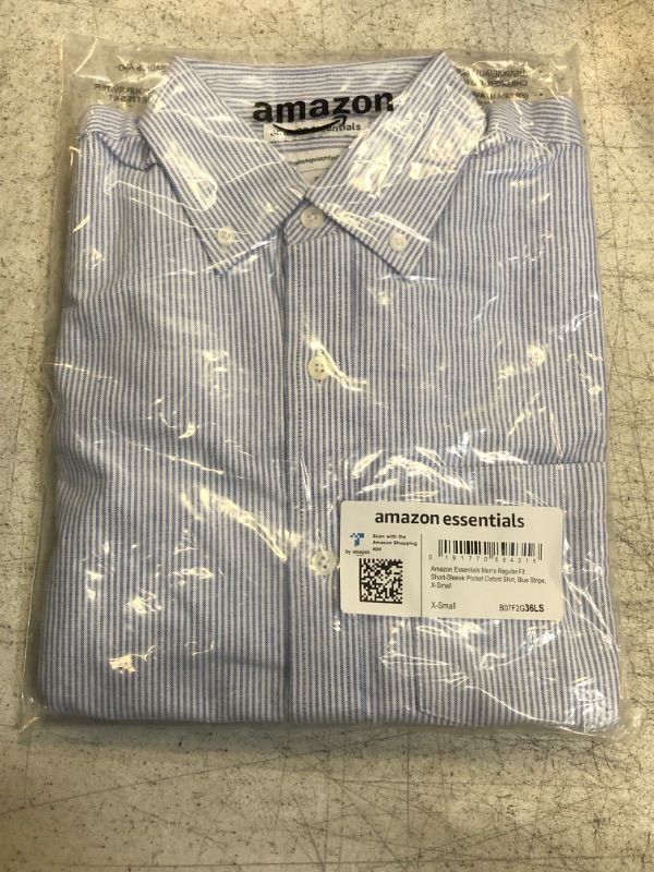 Photo 2 of Amazon Essentials Men's Regular-Fit Short-Sleeve Pocket Oxford Shirt X-Small Blue White Stripe