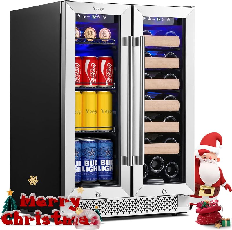 Photo 1 of -FACTORY SEALED- Yeego 24 Inch Wine and Beverage Refrigerator, Hold 60 Cans and 20 Bottles Dual Zone Wine Beer Fridge Cooler with Stainless Steel French Door Digital Temperature Control and Key Lock Quiet Operation
