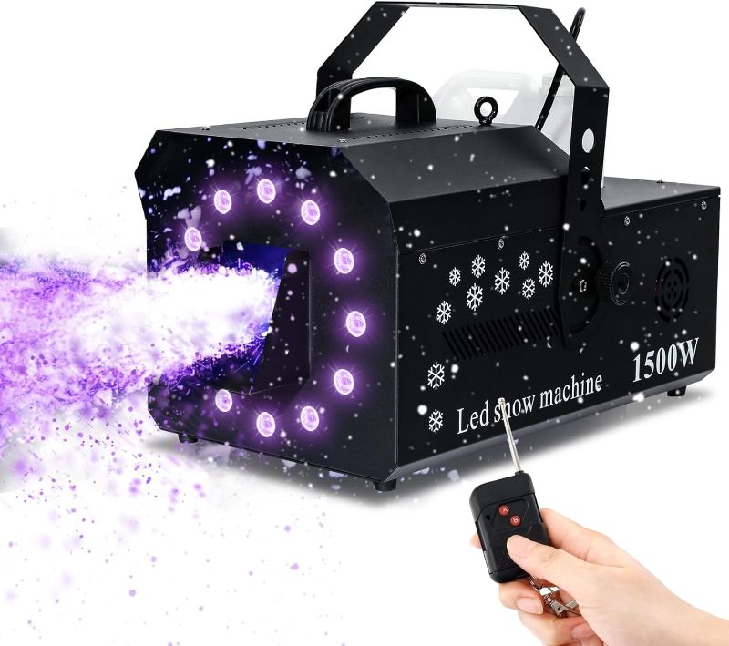 Photo 1 of TCFUNDY 1500W Snow Machine with Lights. DMX RGB 12 LED Snow Making Machine Snowflake Maker for Christmas Wedding Kids Party Stage Effect with Remote Control
