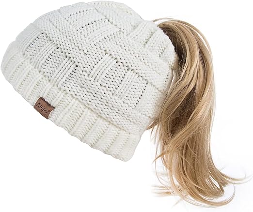 Photo 1 of Alepo Womens High Messy Bun Beanie Hat with Ponytail Hole, Winter Warm Trendy Knit Ski Skull Cap
