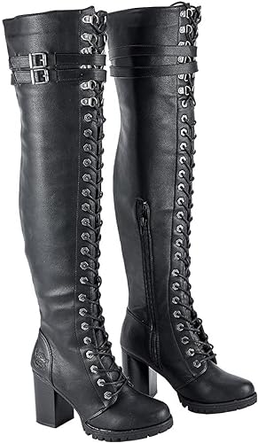 Photo 1 of Dream Apparel Women's Faux Leather Over The Knee Thigh High Boots, Black Lace Up Knee High Boots With Chunky Heel, Sexy Biker Boots with Buckle size 11 
