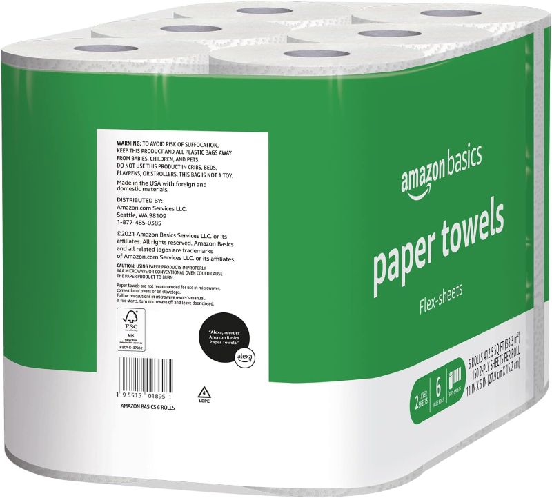 Photo 1 of Amazon Basics 2-Ply Paper Towels, Flex-Sheets, 150 Sheets per Roll, White (Previously Solimo) 6 Count