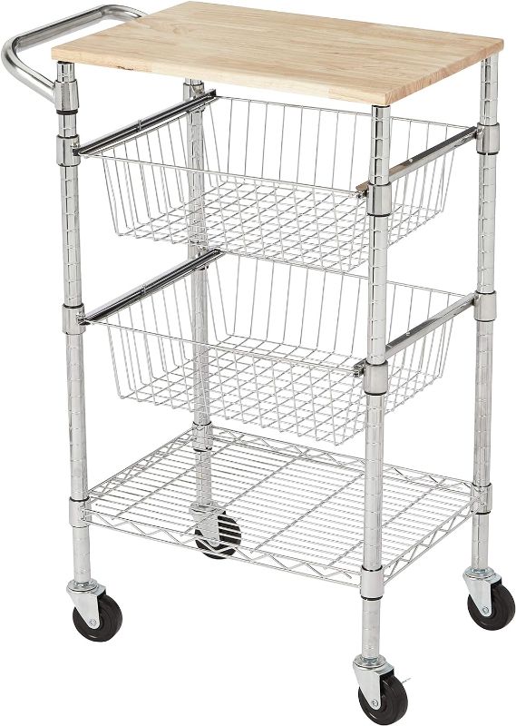 Photo 1 of 3-Tier Metal Basket Rolling Cart with Wood Topr