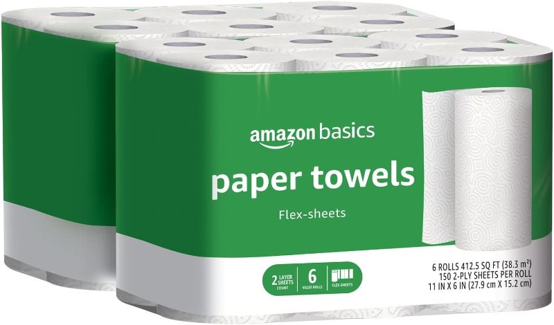 Photo 1 of Amazon Basics 2-Ply Paper Towels, Flex-Sheets, 150 Sheets per Roll, 12 Rolls (2 Packs of 6), White
`