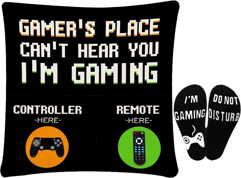 Photo 1 of ZMCINER Gamer Gifts Pocket Design Throw Pillow Cover Case 18 x 18 Inch and Gamer Socks, Gaming Room Décor Stocking for Men Him Teen Boys, Teenage Gift Idea
