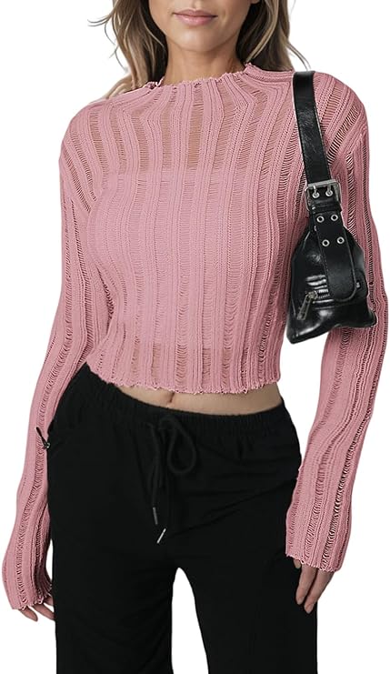 Photo 1 of Allytok Womens Long Sleeve Crewneck Cropped Sweaters See Through Ripped Y2K Crop Tops Pullover Sweater
Size S