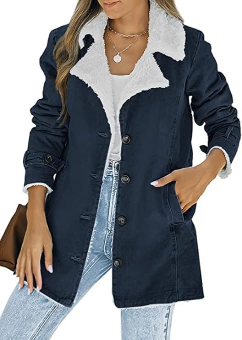 Photo 1 of Happy Sailed Women's Lapel Sherpa Fleece Lined Denim Jacket Winter Button Down Warm Coat Outerwear Large