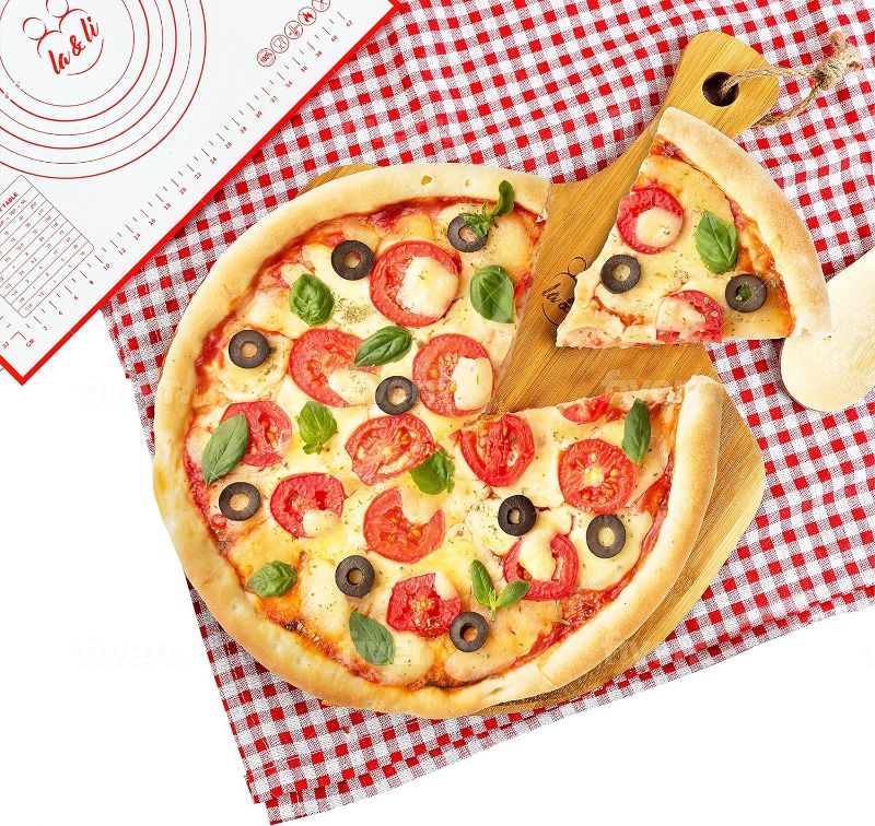 Photo 1 of La & Li 4-Piece Pizza Peel Set Premium 4-Piece Pizza Peel Set - 18" x 13" Bamboo Paddle Board, 20" x 16" Measuring Mat, 39" x 55" Tablecloth, Ref Magnet - Oven & Kitchen Accessories
