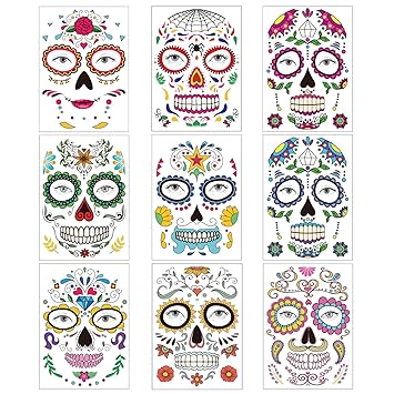 Photo 2 of 
Roll over image to zoom in
9 Pcs Halloween Temporary Stickers Day of The Dead Sugar Skull Face Tattoos Women Masquerade Face Tattoo Glitter Flower Leaf Skeleton Spider Web Rose Full Face Sticker Cosplay Costume Party Supplies