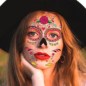 Photo 1 of 
Roll over image to zoom in
9 Pcs Halloween Temporary Stickers Day of The Dead Sugar Skull Face Tattoos Women Masquerade Face Tattoo Glitter Flower Leaf Skeleton Spider Web Rose Full Face Sticker Cosplay Costume Party Supplies