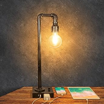 Photo 1 of Industrial Table Lamp Vintage Bedside Lamp with 2 USB Port and AC Outlet Dimmable Steampunk Lamp Metal Pipe Edison Desk Lamp for Bedroom Living Room Farmhouse Decor 6W LED Bulb Included