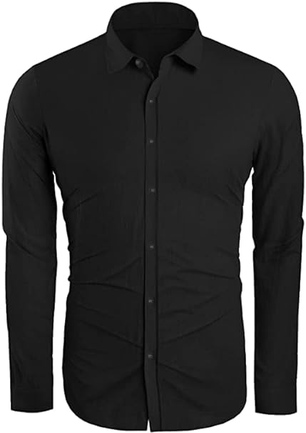 Photo 1 of med Angeun Mens Cotton Linen Button Down Shirt Long Sleeve Loose Fit Casual Spread Collar Beach Summer Plain Tops
