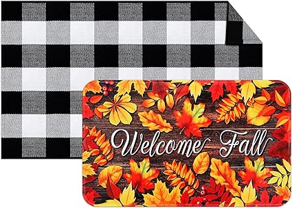 Photo 1 of 2 Pcs Fall Welcome Fall Door Mat for Outdoor Thanksgiving NonSlip Rubber Rug Holiday Decorative Seasonal Front Door Entrance Mat Buffalo Plaid Rug with Self Adhesive Dot for Indoor Outdoor (Maple)