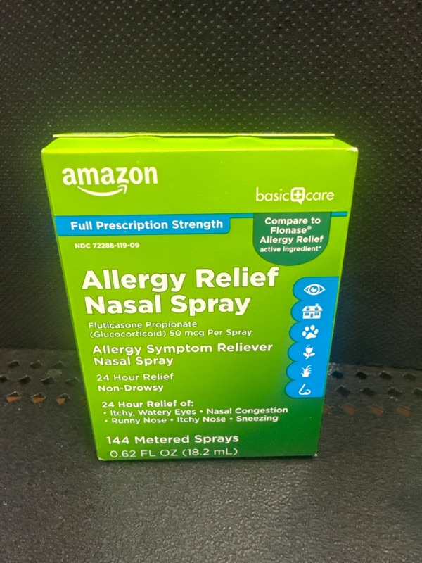 Photo 1 of Amazon Basic Care 24-Hour Allergy Relief Nasal Spray, Fluticasone Propionate (Glucocorticoid), 50 mcg, Full Prescription Strength, Non-Drowsy, 0.62 Fl Oz 0.62 Fl Oz (Pack of 1)   03-2024