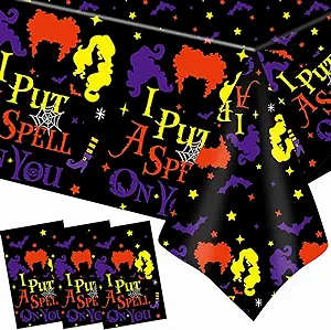 Photo 1 of ANYMONYPF 3PCS Halloween Hocus Pocus Party Tablecloths Decorations, 108" x 54" I Put A Spell on You Halloween Plastic Table Cover for Hocus Pocus Halloween Party Supplies