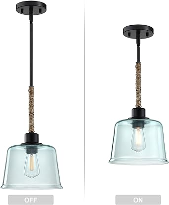 Photo 1 of 2 Pack 1 Light Indoor Hanging Kitchen Island 7.5" Ancient Green Glass Paper Rope Pendant Light Fixtures Black Finish Modern Farmhouse Dinning Over Sink