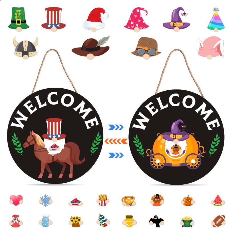 Photo 1 of 
Fortuning's JDS Welcome Sign, Gnomes Farmhouse Front Door Signs with 35 Interchangeable Magnet Icons, Summer Rustic Wooden Gnomes Decorations for Home