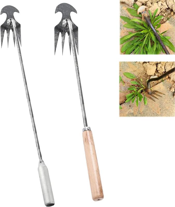 Photo 1 of 2023 New Weeding Artifact Uprooting Weeding Tool, Premium Manganese Steel Forged Weed Puller 4 Teeth Dual Purpose Weeder, Hand Weeder Tool for Gardening with Long Handle (Iron Handle+Wooden Handle)
