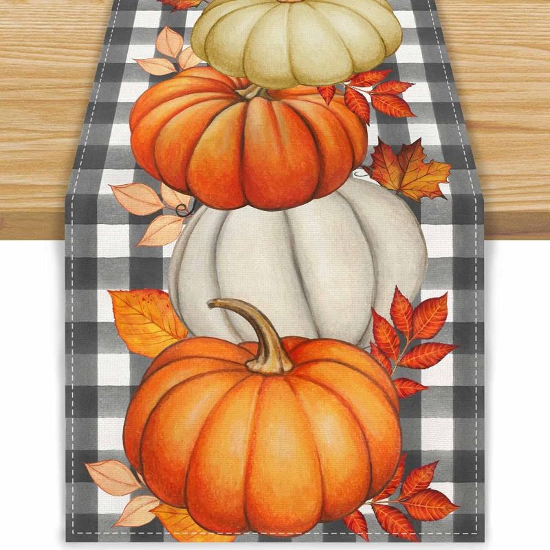 Photo 1 of FARMNALL Linen Buffalo Check Plaid Pumpkin Fall Table Runner Maple Leaves Leaf Farmhouse Fall Autumn Thanksgiving Kitchen Table Decorations 13x72 Inch Holiday Farmhouse Fall Decorations for Home
