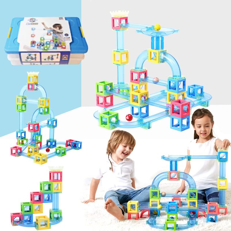 Photo 1 of 54 PCS Magnetic Tiles, Marble Run Race Track Cubes Toy Magnetic Pipeline Assembly Building Toy Stacking Block Sets, Children's Puzzle Toys Gift Box Early Education Toys
